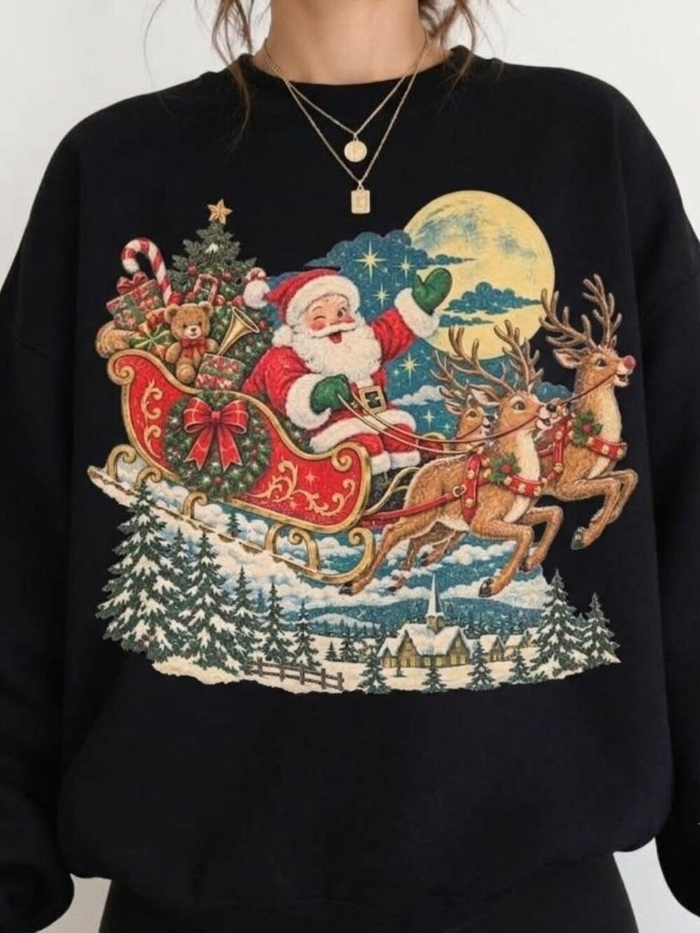 Vintage Santa Sleigh Sweater, Retro 90s Christmas Reindeer Graphic
